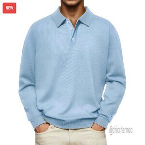 Men's Long Sleeve Polo Thermal Pullover Button Collar Loose Fit